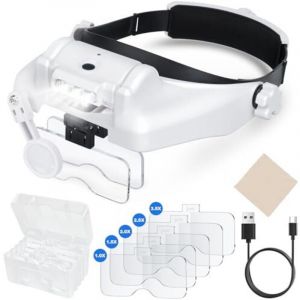 Lunette Loupe Grossissante, Loupe Frontale Serre-T&ecirc;te avec Lumi&egrave;re LED, Lunette Loupe avec 5 Lentilles D&eacute;tachables(1.0X 1.5X 2.0X 2.5X 3.5X) pour