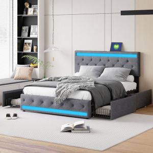 Lit adulte 140x200 avec 4 tirtors,lit double capitonné avec rangement,Lumières led réglables à la tête et au pied du lit,Matière lin doux,Gris