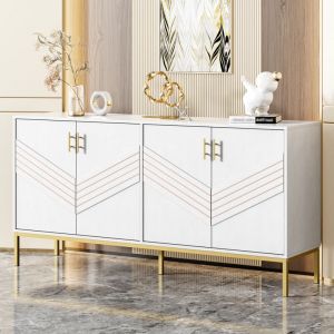 URBAN MEUBLE Buffet moderne blanc 4 portes textur&eacute;s et accents dor&eacute;s 160x40x80.5cm