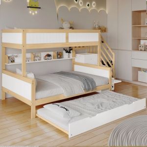 Hauss Spole - Lit superposé 90x200+120x200cm, lit enfant, avec armoire, design 3 lits, avec lit gigogne, antichute, pin + mdf, blanc
