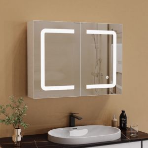 Armoires de salle de bain, avec miroir HD, &eacute;clairage LED orientable, portes doubles, &eacute;tag&egrave;res r&eacute;glables, meuble de rangement de salle de bain - Blanc