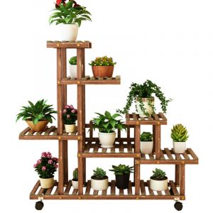Porte plantes et &eacute;tag&egrave;re &agrave; plantes - &Eacute;tag&egrave;re &agrave; Fleurs en Bois Supports de Pots &agrave; roulettes Porte Plante 5 Tablettes Escalier Pr&eacute;sentoire de Jardin