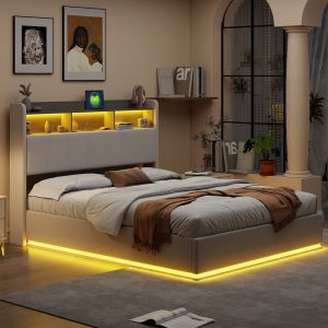 Lit coffre 140 x 190,2 personnes avec LED et multiprise,lit 140x190 avec sommier,lit hydraulique avec rangement dans la t&ecirc;te de lit capitonn&eacute;,lit