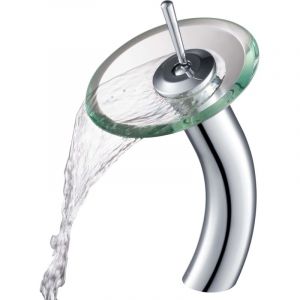 Robinet de salle de bain cascade pour lavabo vasque avec disque en verre transparent, finition chrom&eacute;e