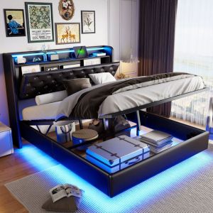 Lit coffre 140x200 cm, rangements multi-compartiments, double port usb, bande lumineuse led commutable, sommier à lattes en bois massif, lit double