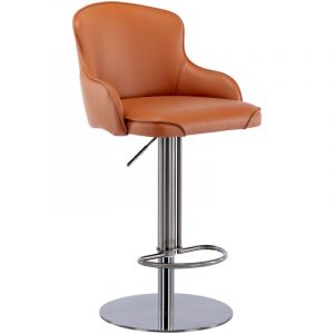 Tabouret de bar en PU pivotant réglable 58–83 cm (22,8''–32,7'') cuir Nappa gris, dossier incurvé, base inox noir Ø42 cm, vérin certifié BIMFA, Marron