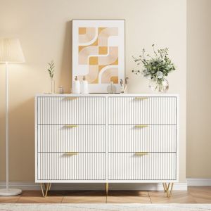 Commode 6 Tiroirs,Meuble de Rangement,Buffet Bois,Commode Bois Massif,Meuble a Tiroirs,avec Dispositif Anti-Basculement,Texture Ondul&eacute;E,Blanc,100 &times;