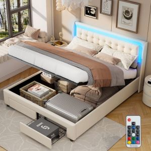 Lit coffre 140x190 cm, avec led, hydraulique de rangement, 2 tiroirs, sommier à lattes en bois, cadre en métal, lit capitonné en velours - Beige