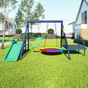 Ensemble de balan&ccedil;oire multifonctionnelle pour ext&eacute;rieur avec toboggan, trampoline, balan&ccedil;oire nid ronde et balan&ccedil;oire en plastique