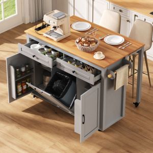 &Icirc;lot de cuisine sur roulettes, chariot de cuisine mobile avec coin repas extensible, multiprise, plan de travail, compartiment poubelle, gris