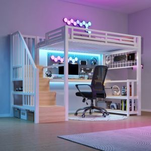 Lit mezzanine 90x200 cm avec bureau, &eacute;tag&egrave;res, rangements suspendus, &eacute;clairage LED, escalier tiroirs, 2 USB + Type-C, m&eacute;tal, blanc