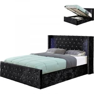 Lit Velours Coffre Led Grand Tête De Lit Osmos - Velours Noir - 140x190, Style Baroque, 209 x 164 x 113 cm - Meubler Design