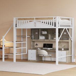 Tanant - Lit mezzanine 140 x 200 cm. Lit enfant avec rangements, escalier, sommier métallique, barrière de sécurité, design moderne, Blanc