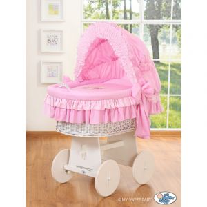 Couffin Mo&iuml;se &agrave; capuche - Ours en peluche avec n&oelig;ud, linge de lit blanc et rose avec broderie