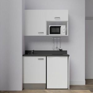 Kitchenette K07L - 120 cm - emplacements frigo top et micro-ondes-Blanc-Nero-&eacute;vier &agrave; gauche