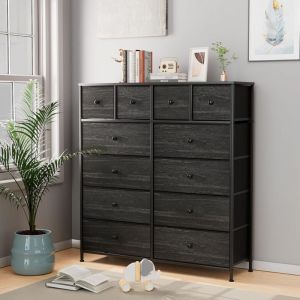 Commode pour Chambre &agrave; Coucher, Armoire &agrave; 12 Tiroirs en Tissu,Meuble de Rangement avec Dessus en Bois (Noir)