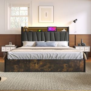 Lit coffre 160x200 cm lit double rembourré, lit adulte avec éclairage led, charge usb et sommier à lattes en bois massif, en métal gris, san matelas