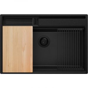 Evier Cuisine en Granit 78x53cm, Lavabo 1 bac + Kit de Vidage + Accessoires, Évier à Encastrer au meuble 80cm - Oslo Pocket, Tout Noir - Primagran
