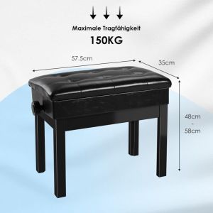Tabouret Piano Réglable en Hauteur 58x35x48-58 CM, Siege Piano avec Espace de Rangement, Banc Piano avec Coussin en Cuir PU,Max 150KG,Noir