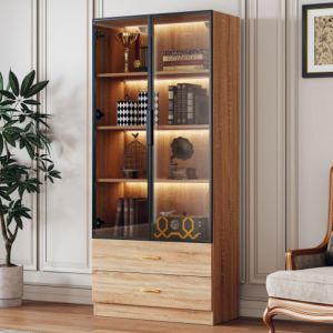 Meuble de rangement de salle de bain 75x34,5x170 cm avec 2 grands tiroirs, 2 portes vitr&eacute;es et bandeau lumineux