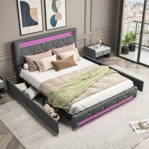 Lit double capitonn&eacute; 160x200cm, lit double avec &eacute;clairage LED et charge USB, lit adulte avec 4 tiroirs, sommier &agrave; lattes, t&ecirc;te de lit relevable, sans