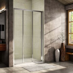 Porte de douche coulissante verre trempé clair Ep.6mm - 140x195cm - 3 volets - Chromé - Réversible - Installer en niche