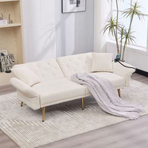 Canap&eacute; 2 places convertible clic-clac avec prises de USB et support de t&eacute;l&eacute;phone - 173 x 78 x 78 cm - Tissu en chenille et pi&egrave;ds en m&eacute;tal - Beige