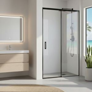 SOULHOME Paroi de Douche R&eacute;versible 117-120x200h cm Profil SLIM Noir Mat Porte Coulissante Amortie + Fixe Verre 6mm Antical