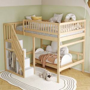 Lits superpos&eacute;s 140x200 bois massif lit enfant, escalier avec meuble de rangement, version haute - couleur bois (sans Matelas)