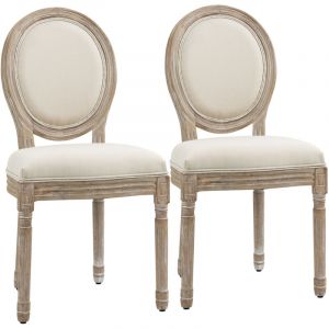 HOMCOM Lot de 2 chaises de Salle &agrave; Manger - Chaise de Salon m&eacute;daillon Style Louis XVI - Bois Massif sculpt&eacute;, patin&eacute; - Aspect Lin Beige-Cr&egrave;me