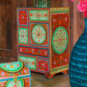 Chiffonnier 7 tiroirs style indien 43x29x65 cm vert et rouge - NEIDIN