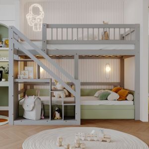 Lit mezzanine 90x200cm, escalier avec rangement intégré, lit mezzanine 2 places, sommier à lattes, barrière de sécurité, lit adulte pour ado, bois