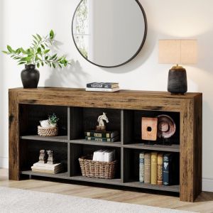 Tribesigns Table console de 160 cm de long, table d'entrée en bois rustique avec 6 cubes de rangement, table de canapé étroite industrielle derrière