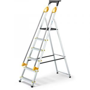 Hoström - jamais utilisé] Escabeau 6 marches duramp sécurisé avec rampes, tablette porte-outils, marchepied pliable aluminium, hauteur plateforme