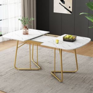 Urban Meuble - Table de salle à manger extensible effet marbre blanche pieds dorés style luxueux 140-180x80x75cm