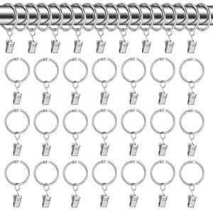 Anneaux pour Rideaux,30 pcs Anneau Rideau avec Pinces,32mm Clips de Rideau Anneaux,Argent Crochet Rideau,Anneaux pour Tringle à Rideaux,Métal Drapé