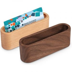 2 Pi&egrave;ces Porte Cartes de Visite en Bois, Support de Carte de Visite de Bureau Pr&eacute;sentoir Bo&icirc;te de Rangement de Carte de Bureau (Brun+Couleur du bois)