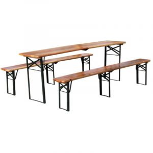 Ensemble table pliante - 3 pièces (1 table + 2 bancs), bois pin massif & métal, pliable intérieur/extérieur, bois naturel - 220 x 50 cm