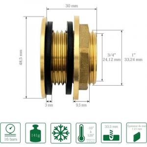 Travers&eacute;e de Paroi en Laiton de 3/4 Pouce (20/27) de Haute Qualit&eacute; Inoxydable + 2x Joints en Caoutchouc Gratuits, Travers&eacute;e Cloison Pour Robinets