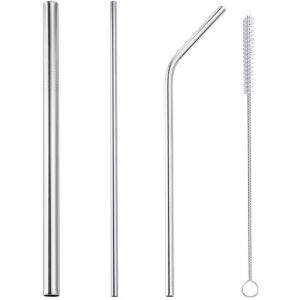 Pailles en acier inoxydable 304 pailles en m&eacute;tal &agrave; courbure droite r&eacute;utilisables avec brosse de nettoyage ensemble de 4 accessoires de barre de f&ecirc;te
