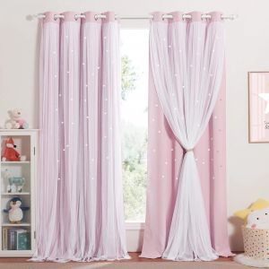 Rideaux Occultant Rose - Rideau Chambre Fille Double Couches Motif Etoiles Perforées avec Voile Décor de Fenêtre pour Enfant, L 132 x H 213 cm, Rose
