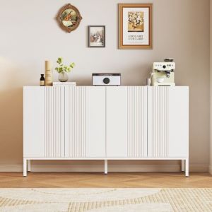 Eifson - Buffet 145x41,5x80 cm, avec 4 portes, portes sans poignées, lignes uniques, style scandinave, idéal pour salle à manger et salon - Blanc