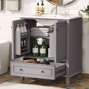 Meuble de salle de bain sur pied, avec vasque en céramique intégrée, plan vasque, un tiroir et une porte de rangement, résistant à l'humidité et à