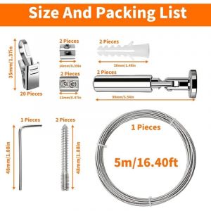 5M Kit Tringle Rideaux avec 24 Clips M&eacute;tal, C&acirc;ble Rideau Acier Inoxydable, Fil Suspension M&eacute;tallique, Corde Photos Accrocher Contre Rouille pour