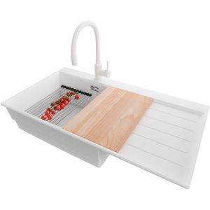 PRIMAGRAN Evier Cuisine en Granit 90x50cm,Lavabo 1 bac + Robinet 38x14cm + Kit de Vidage + Accessoires, &Eacute;vier &agrave; Encastrer au meuble 60cm - Sydney,