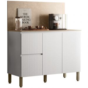 Meuble de Cuisine Bas 3 Portes 2 Tiroirs Blanc et Cr&eacute;dence Marbre L 120 H 91.5 P 53.3 cm