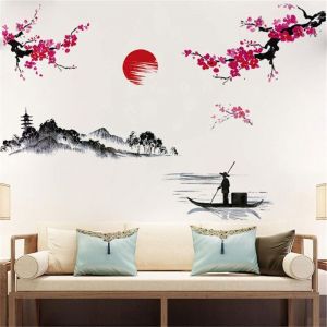 Sollbry - 2 Feuilles Style Japonais Splash Ink Paysage Peinture Sticker Mural Fleur De Cerisier Rouge Stickers Muraux Amovible Peel and Stick