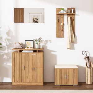 Vestiaire ( d'entr&eacute;e ), meuble d'entr&eacute;e &ndash; vestiaire avec banc rembourr&eacute;, meuble &agrave; chaussures, miroir, 4 crochets, 5 portes, panneaux de particules,