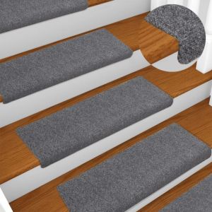 Tapis d'escalier 15 pcs，Marchettes d'escalier，Protections d'escalier Tissu aiguillet&eacute; 65x21x4 cm Gris clair CFW14158