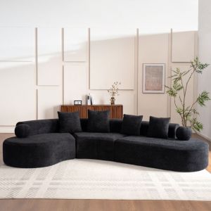 Canap&eacute; 5 places en chenille, canap&eacute; d'angle L avec coussin 327x215x80 cm, grand 5&ndash;6 places, assise &eacute;paisse 7 cm, sans montage, noir